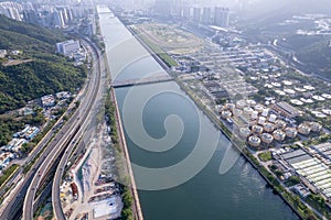 Epic aerial view of the Shing Mun River and the Sha Tin Sewage Treatment Works