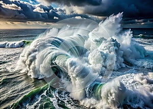 Epic Aerial View of a Tempestuous Ocean Massive Waves Crashing in a Misty Spray Captured from a Drones photo