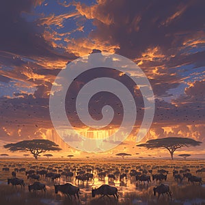 Epic African Great Migration Sunset Panorama