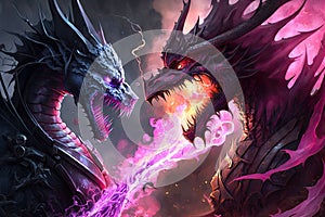 epic battle between pink dragon and black dragon, with flames and smoke in the background