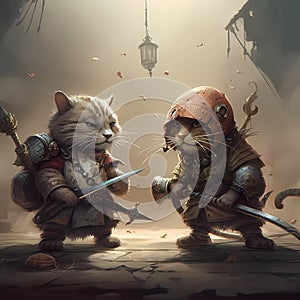 Epic Battle: Two Cats in Armor Fighting for Adventure