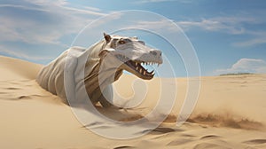 Epic Caninecore: A Dynamic White Dinosaur Running Through An Imaginary Desert