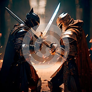epic cinematic battle of two warriors in armor