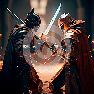 epic cinematic battle of two warriors in armor