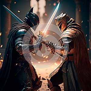 epic cinematic battle of two warriors in armor