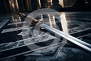 Epic Clash: Intricately Engraved Silver Swords Dueling in Dim Evening Light photo