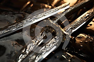 Epic Clash: Intricately Engraved Silver Swords Dueling in Dim Evening Light photo