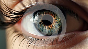 An epic closeup shot of eye, with gorgeous gray iris, beautiful woman eye. Generative AI