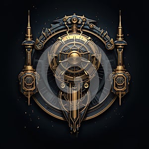 An epic cyberpunk steampunk mad max style scifi fantasy logo, insignia or emblem
