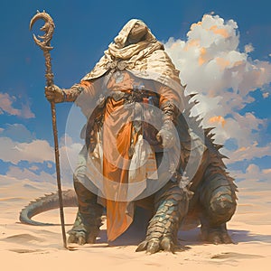 Epic Desert Fantasy: A Mystic Guide on a Prehistoric Beast