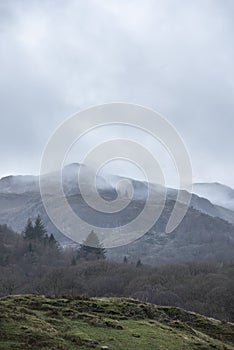 Epic dramatic landscape image of view from Elterwater across towards Langdale Pikes mountain range on foggy Winter morning