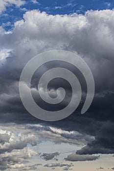 Epic Dramatic Storm sky, dark grey blue thunderstorm clouds background texture, tornado