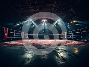 Epic empty boxing ring in the spotlight on the fight night AI