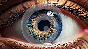 An epic eye with gorgeous and colorful iris, beautiful man eye, very closeup shot, highly detailed. Generative Ai