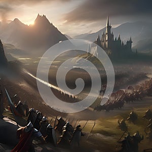 Epic fantasy battle, Massive clash between armies of elves, dwarves, and orcs amidst a scenic battlefield with towering mountain