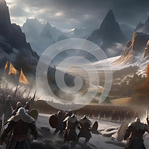 Epic fantasy battle, Massive clash between armies of elves, dwarves, and orcs amidst a scenic battlefield with towering mountain