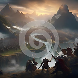 Epic fantasy battle, Massive clash between armies of elves, dwarves, and orcs amidst a scenic battlefield with towering mountain