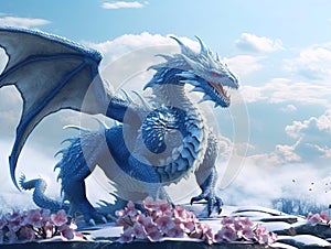 An epic fantasy dragon snake with blue scales and huge fangs on snow-covered hills in an epic pose emits a cry covered with photo