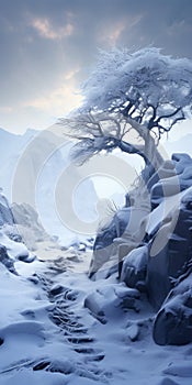 Epic Fantasy Scene: Snow-covered Tree On Cliff Side