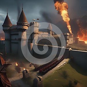 Epic fantasy siege, Massive siege of a fortified castle with catapults launching flaming projectiles amidst a chaotic battlefiel