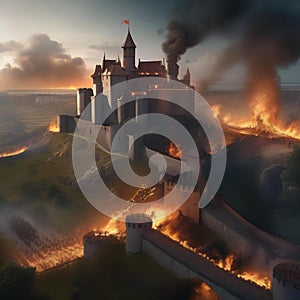 Epic fantasy siege, Massive siege of a fortified castle with catapults launching flaming projectiles amidst a chaotic battlefiel
