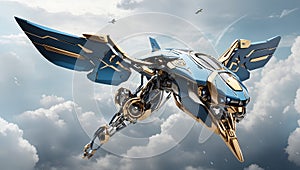 epic flight of the blue and gold robot. AI generated