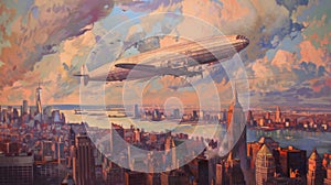 Epic Flight: Hindenburg Zeppelin Soars Against New York Skyline