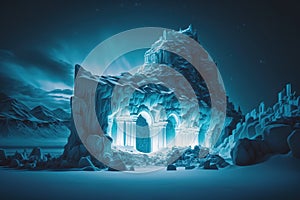 Epic glacial ice castle on a snowfield at night