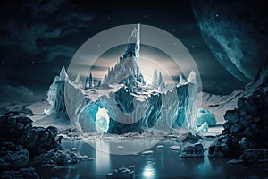 Epic glacial ice castle on a snowfield at night