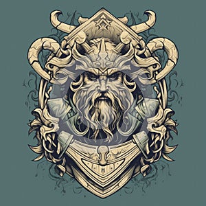 Epic High Fantasy Norse mythology Viking Nature themed logo coat of arms emblem.