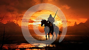 Epic Horizon: Silhouetted Knight on Horseback Amidst Glorious Sunset