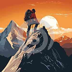 Epic Illustration of a Mountaineer Overcoming Extraordinary Challenges