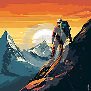 Epic Illustration of a Mountaineer Overcoming Extraordinary Challenges