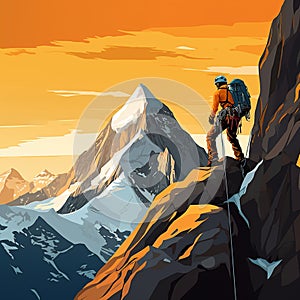 Epic Illustration of a Mountaineer Overcoming Extraordinary Challenges