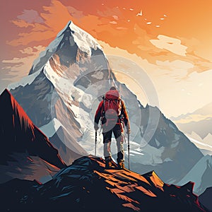 Epic Illustration of a Mountaineer Overcoming Extraordinary Challenges