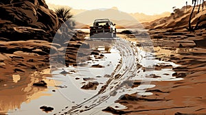 Epic Jeep Adventure: High Contrast Digital Illustration Of A Mud Waterfall