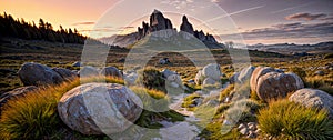 Epic landscape with weathered boulders and trail at sunset. Natural background, nature landscape wallpaper