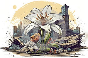 An epic Lily flower t-shirt design with a giant lily breaking through the ground