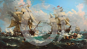 Epic Maritime Clash: Sailing Ships Engage in 17th Century Battle