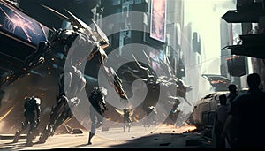 Epic Mecha Warfare in Futuristic Urban Setting, Made with Generative AI