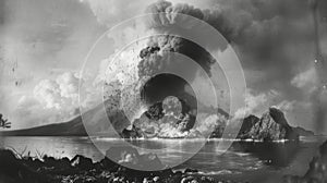 Epic Moment: Krakatoa Volcano\'s Devastating Eruption in Monochrome