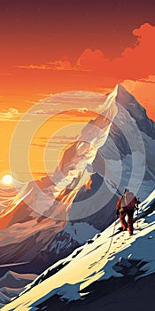Epic Mountain Climber Sunset Illustration: Hyper-detailed Gouache Art