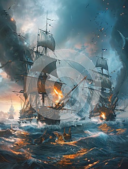 An epic naval battle scene featuring grand sailing ships amidst cannon fire and dramatic skies, invoking historical