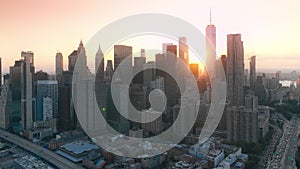 Epic New York city cityscape background, Aerial Manhattan buildings at sunset 4K