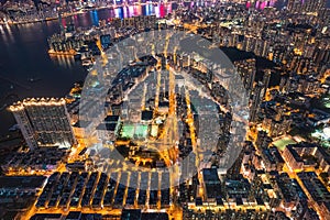 Epic night aerial view of the downtown of Kowloon, Towakwa and Hung Hom Area, Hong Kong