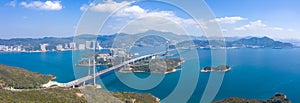 Epic panorama aerial view of Tsing Ma Bridge, the famous span suspension bridge in Hong Kong