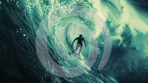 Epic Photo Of A Surfing Man With Giant Wave, Filmic Surf Background With Dramatic Atmosphere