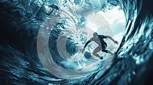 Epic Photo Of A Surfing Man With Giant Wave, Filmic Surf Background With Dramatic Atmosphere