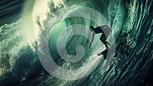Epic Photo Of A Surfing Man With Giant Wave, Filmic Surf Background With Dramatic Atmosphere