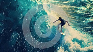 Epic Photo Of A Surfing Man With Giant Wave, Filmic Surf Background With Dramatic Atmosphere